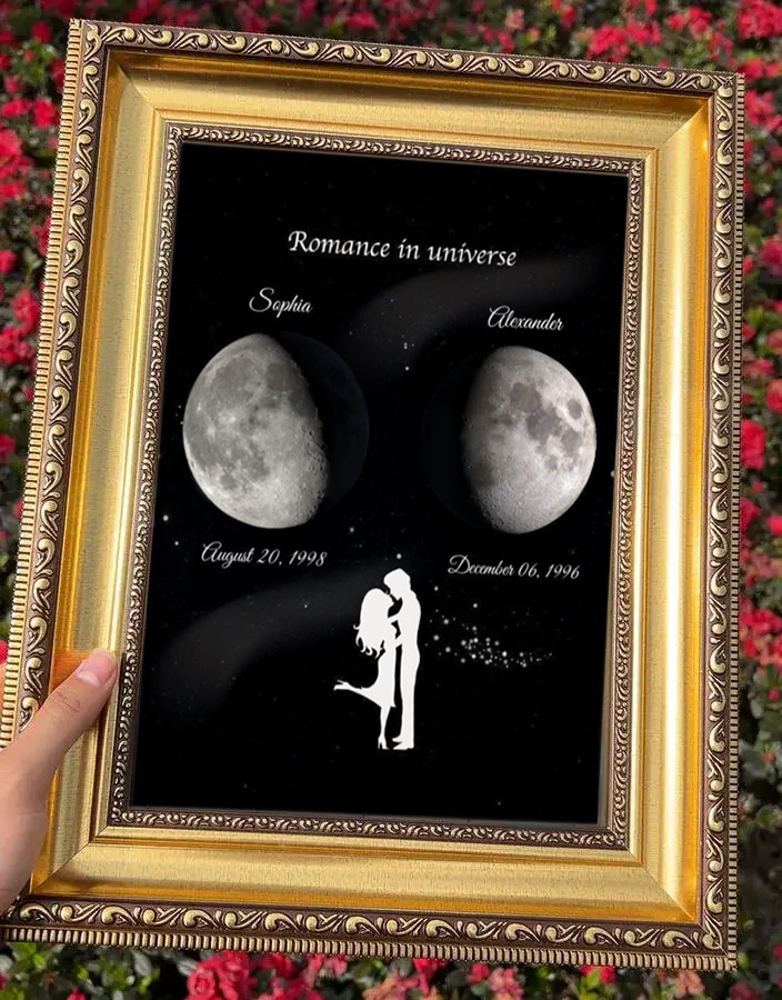 You and Me: A Romance in the Universe, Custom Couple Art Frame/ Real Moon Phase - For Memory Gift