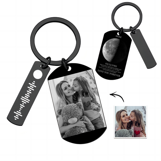 Custom Moon Phase Tag Keychain - Personalized Picture & Music Song Code Mom's Photo Keychain